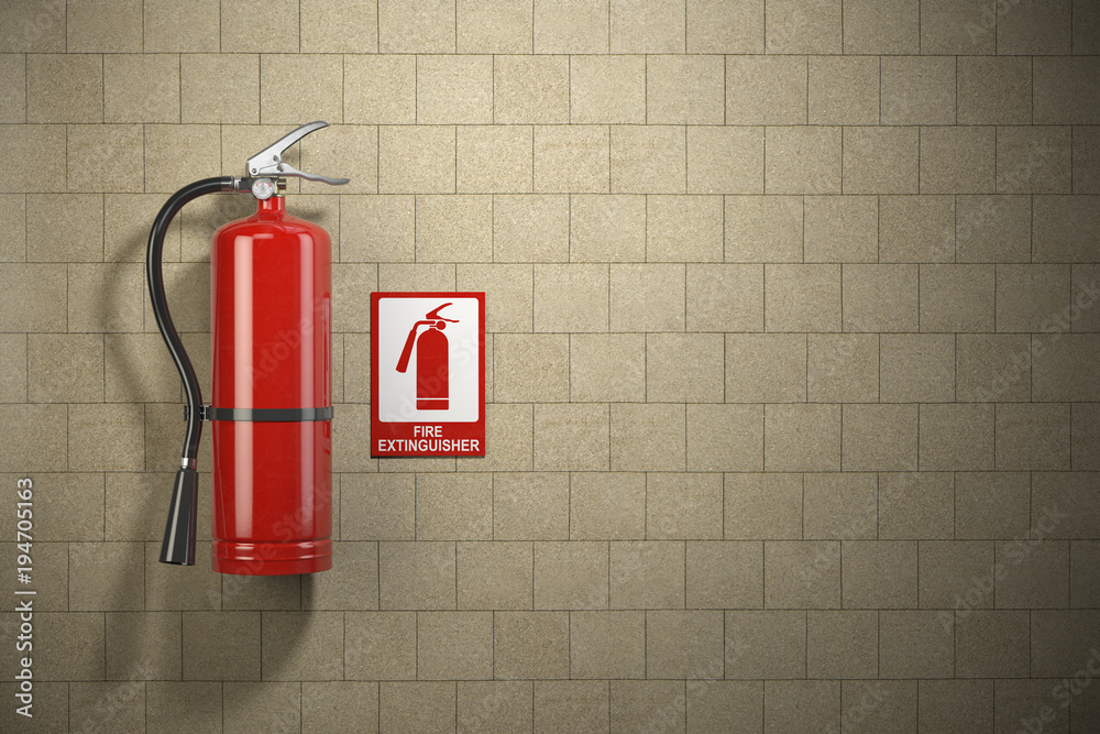custom made wallpaper toronto digitalFire extinguisher with emergency fire sign on the wall background.