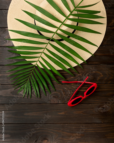 Beach accessories - hat, sunglsses red color with tropical palm leaves on wooden background with empty space for text.