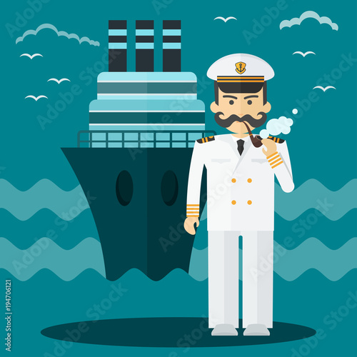 Captain of ship in white suit. Command of military cruiser, a cruise liner. Flat vector cartoon illustration. Objects isolated on a white background.