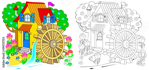 Illustration of fairyland toy water mill. Colorful and black and white pattern for coloring. Worksheet for children and adults. Vector image.