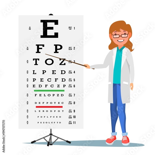 Female Ophthalmology Vector. Medical Eye Diagnostic. Doctor And Eye Test Chart In Clinic. Eyesight Acuity Exam Diagnostic Of Myopia. Vision Exam. Medicine Concept. Isolated Flat Cartoon Illustration