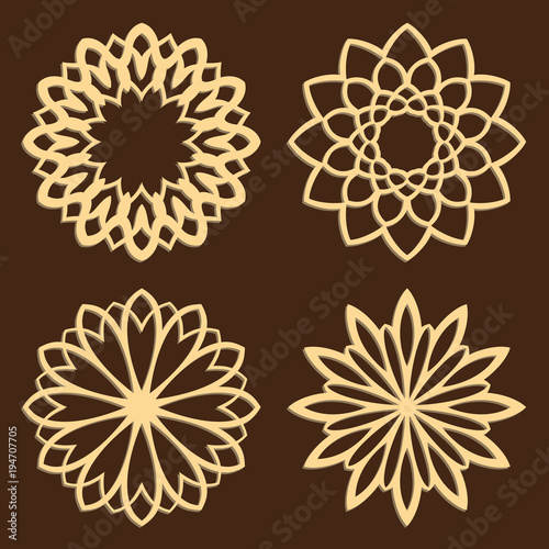 DIY laser cutting patterns. Jigsaw die cut ornaments. Islamic cutout silhouette stencils. Fretwork round panels. Vector coasters for paper cutting, scrapbook and woodcut.