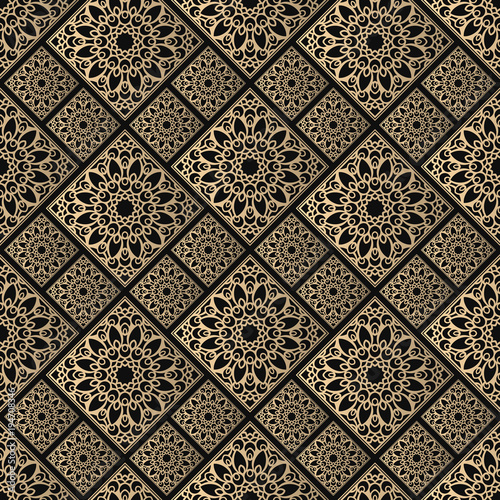 Seamless pattern oriental ornament. Black and golden textile print. Islamic vector design. Floral tiles.