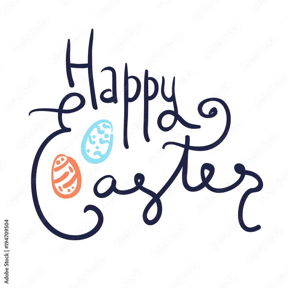 Obraz premium Black handwritten doodle Happy Easter text with two cute color eggs. Funny comic Easter lettering for greeting card, spring holiday invitation design