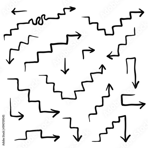 Big set of vector hand drawn stairs arrows. Stairway up and down symbols, complicated escalator, zigzag arrows group for diagrams, presentation design