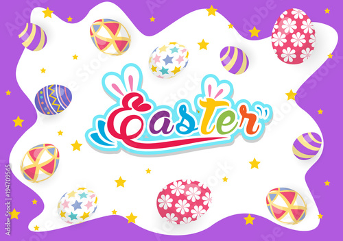 Happy Easter greeting card with rabbit, bunny and eggs