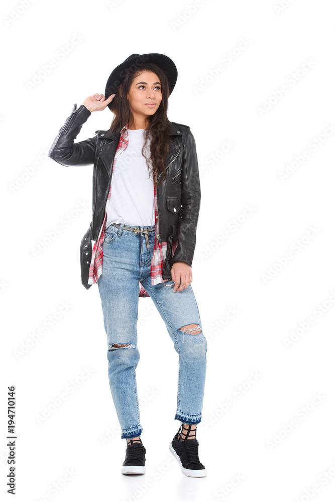 beautiful young woman in stylish clothing and hat isolated on white beautiful young woman in stylish clothing and hat isolated on white