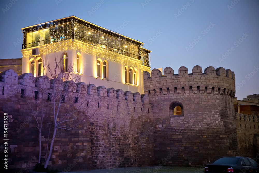 Icheri Sheher in Baku. Azerbaijan . Gate of the old fortress, entrance to night Baku old town. Baku, Azerbaijan. Walls of the Old City in Baku . Icheri Sheher is a UNESCO World Heritage Site