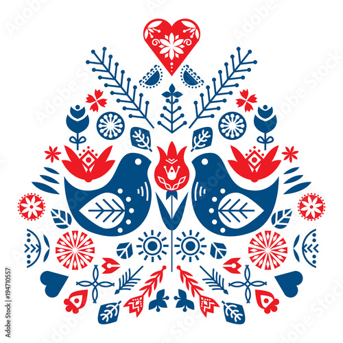 Symmetrical composition of ethnic elements. The Nordic spring set for design. Flowers, birds and leaves