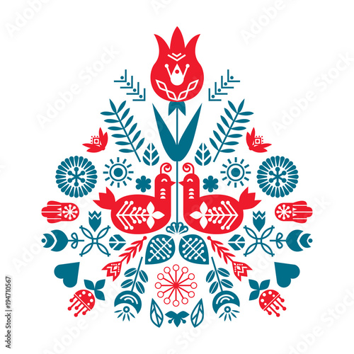 Symmetrical composition of ethnic elements. The Nordic spring set for design. Flowers, birds and leaves