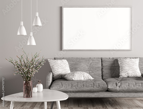 Fototapeta Naklejka Na Ścianę i Meble -  Interior of living room with sofa and mock up poster 3d rendering