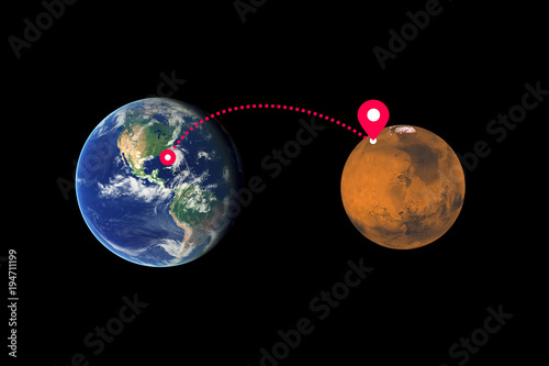 Interplanetary cosmic flight from Earth to Mars. Exploration and colonization of planet in the cosmos. Travelling, transportation and trips in space. Element of image furnished by NASA
