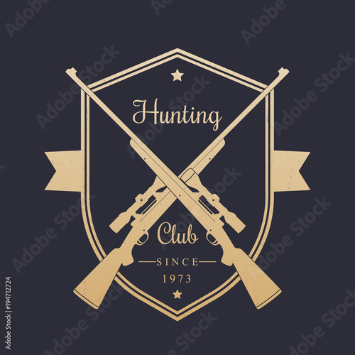 Hunting Club vintage emblem, logo with two hunting rifles, gold on dark