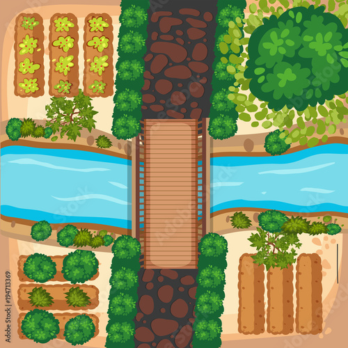 Aerial view of vegetable garden and river