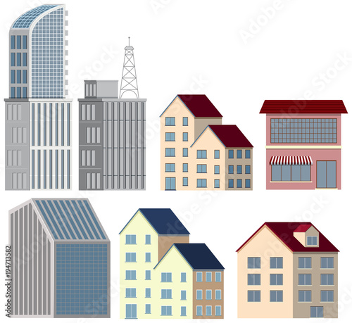 Many designs of buildings on white background