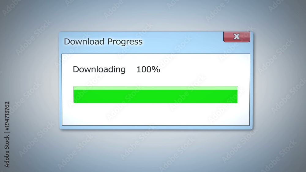 Successful download process, dialog box with green status bar, outdated software