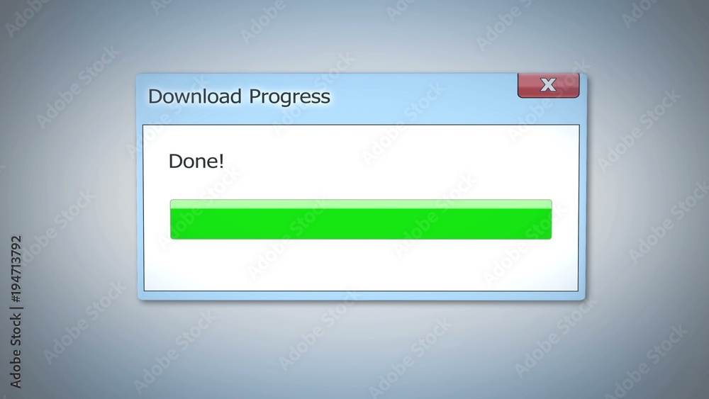 Download progress done, dialog box with green status bar, outdated software Download progress done, dialog box with green status bar, outdated software