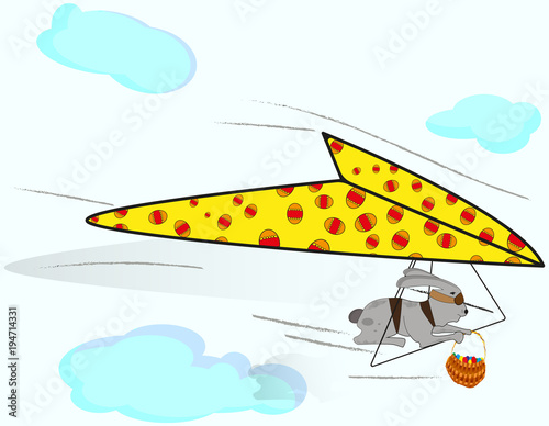 The Easter bunny is flying on a hang-glider