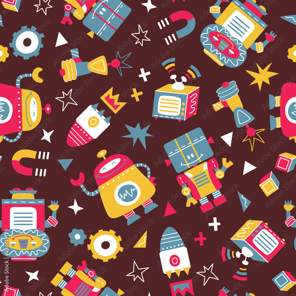 Vector seamless background pattern with ornate hand drawn robots