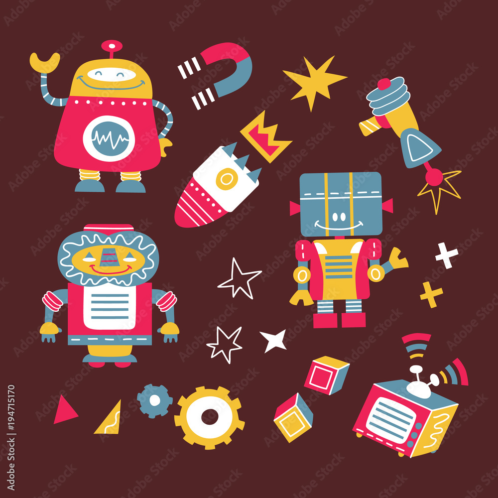 Vector set of hand drawn roborts and objects Vector set of hand drawn roborts and objects