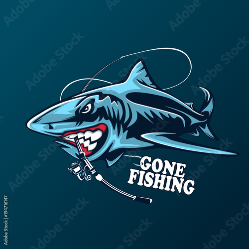 Toothy great white shark fishing logo. Strong shark sports mascot emblem. Angry fish vector background.