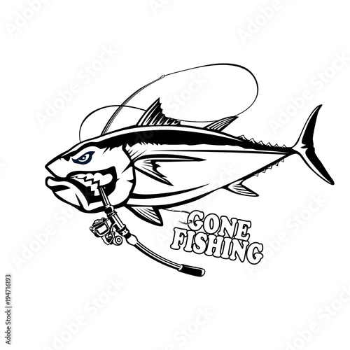 Angry tuna fish logo. Tuna fishing emblem. Big eye tuna. Angry fishing club logotype.