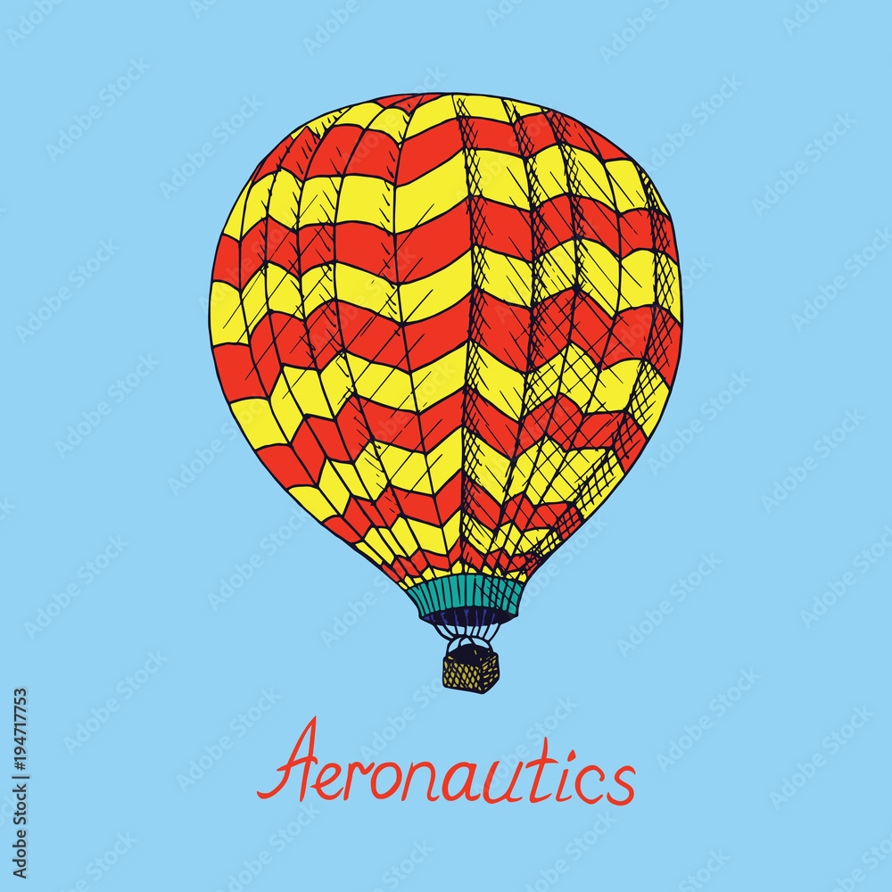 Naklejka premium Yellow and red hot air balloon (Aeronautics) with inscription, hand drawn doodle sketch, isolated vector outline illustration on blue background