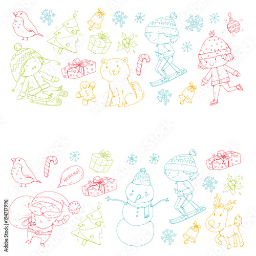 Merry Christmas celebration with children. Kids drawing illustration with ski, gifts, Santa Claus, snowman. Boys and girls play and have fun. School and kindergarten, preschool children