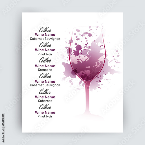 Illustration of wine glass with scattered wine stains. Sample text for menu, wine list or wine tasting.