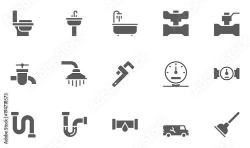 Plumbing and Sanitary Equipment Icons contains Toilet, Sink, Bathtub, Pipe, Water Meter and more.