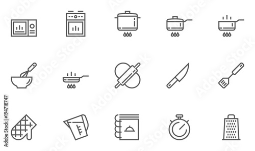 Cooking and Kitchen Line Icons contains Chef Knife, Cooking Book, Roasting, Fry and more. Editable Stroke. 48x48 Pixel Perfect.