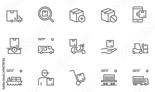 Set of Logistics, Delivery, Transportation Line Icons with Courier, Shipping, Van, Freight Transportation and more. Editable Stroke. 48x48 Pixel Perfect.
