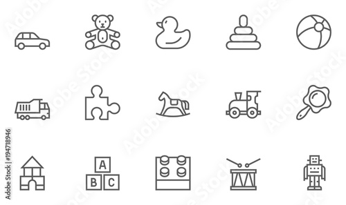 Set of Toys Vector Thin Line, Flat Design Icons with Cloud, Sun, Rain and more. Editable Stroke. 48x48 Pixel Perfect. photo
