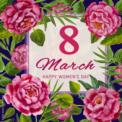 8 March International Women's Day. Greeting card. Pink rose and piones, green leaves on dark background painting illustarion artwork