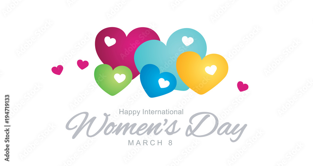 8 March Happy Womens Day with color loving hearts logo banner