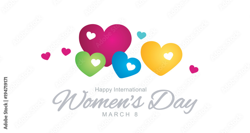 8 March Happy Womens Day with hearts in different colors logo banner 8 March Happy Womens Day with hearts in different colors logo banner