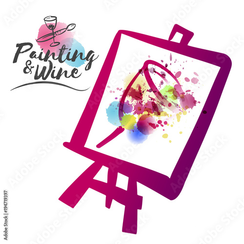 idea for painting and wine social event. Illustration of cup with stains of watercolor and paint colors. Illustration framed in cloth and easel.