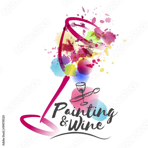 Idea for painting and wine event promotion. Illustration of wine glass and colorful spots. Art and wine.