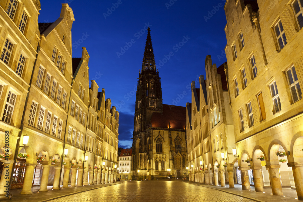 Fototapeta premium Old City Street And Church At Night, Germany