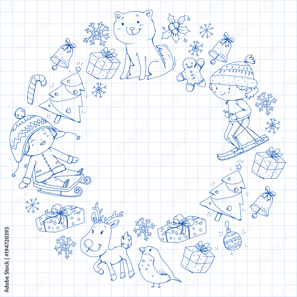Merry Christmas celebration with children. Kids drawing illustration with ski, gifts, Santa Claus, snowman. Boys and girls play and have fun. School and kindergarten, preschool children