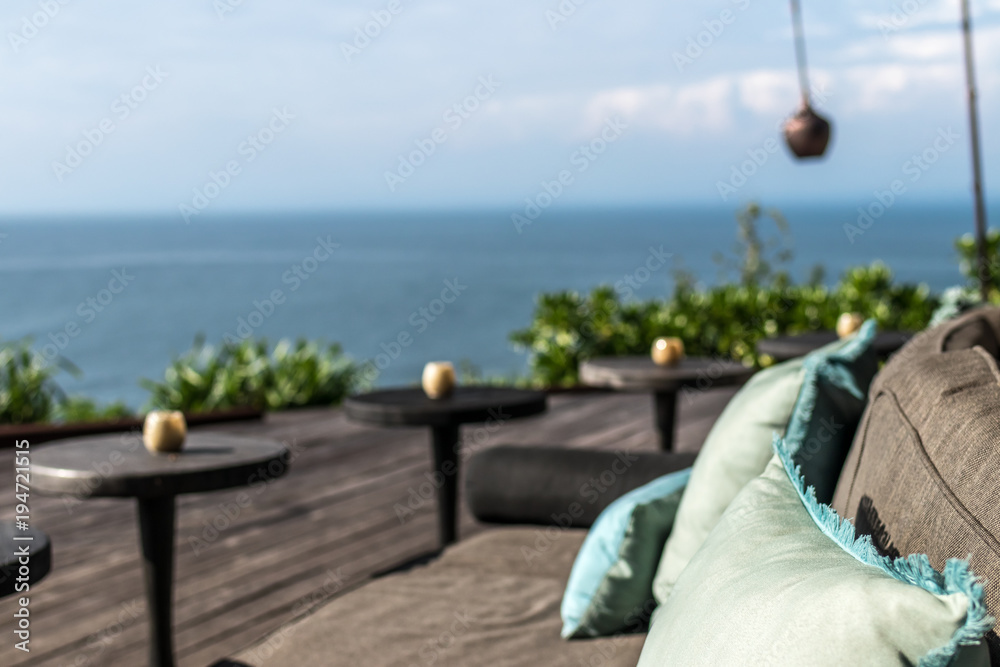 Tropical restaurant with sea view. Sunny day. Space for text. Bali island. Tropical restaurant with sea view. Sunny day. Space for text. Bali island.
