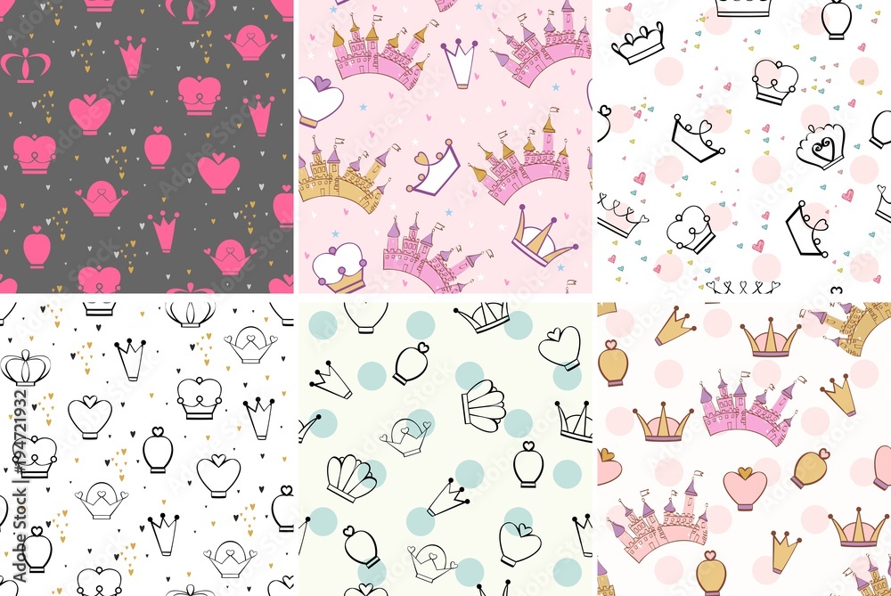 Hand drawing vector seamless patterns with crowns and castle.