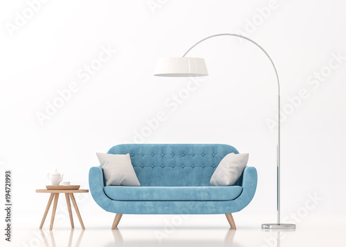 Blue fabric sofa on white background 3d rendering image.There are clipping path on an armchair,table and lamp.