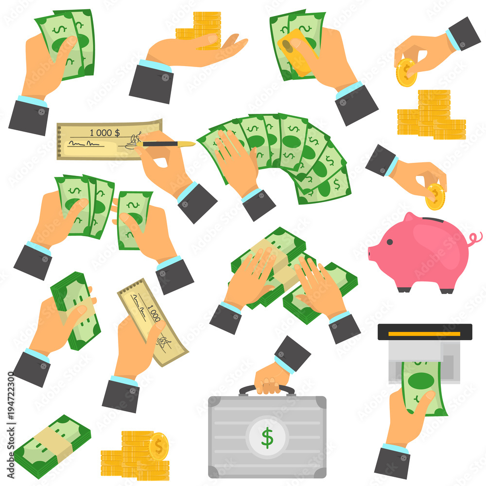 Fototapeta premium Manipulation with money color flat icons set
