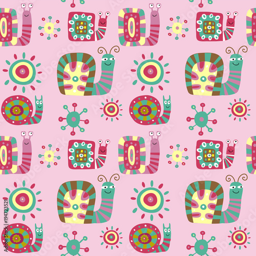Seamless decorative cute pattern with multi-colored snails