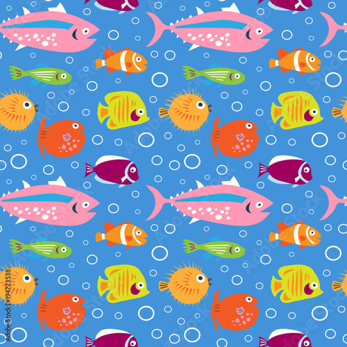 Seamless decorative cute pattern with multi-colored fishes