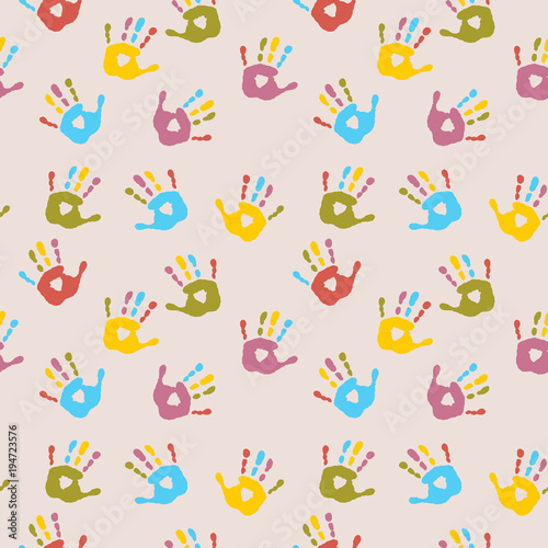 Seamless cheerful pattern with multi-colored palm prints