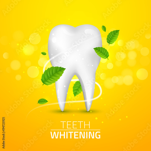 Whitening tooth ads, with mint leaves on green background. Green mint leaves clean fresh concept. Teeth health