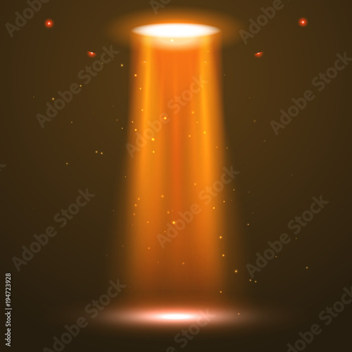 UFO light beam. Alien transport futuristic bright light in dark. UFO spaceship isolated glow effect design