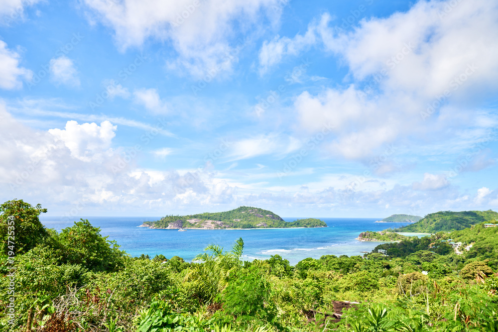 View on Therese island from sans soucis road (panoramic point of view), Seychelles, Mahe Island